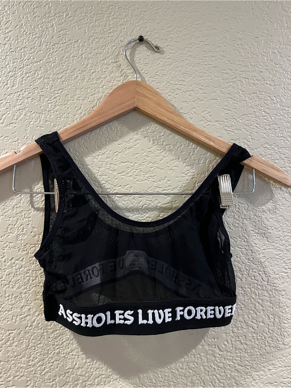 Black Mesh Crop Bralette with Slogan Elastic Band